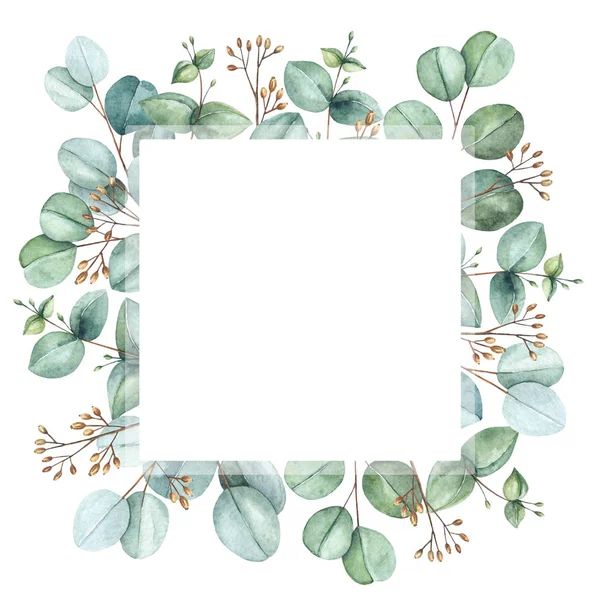 Watercolor hand painted square wreath with branches and eucalyptus leaves