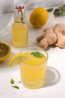 Kombucha Fermente İçeceği Malzemelerin yanında. Dikey fotoğraf