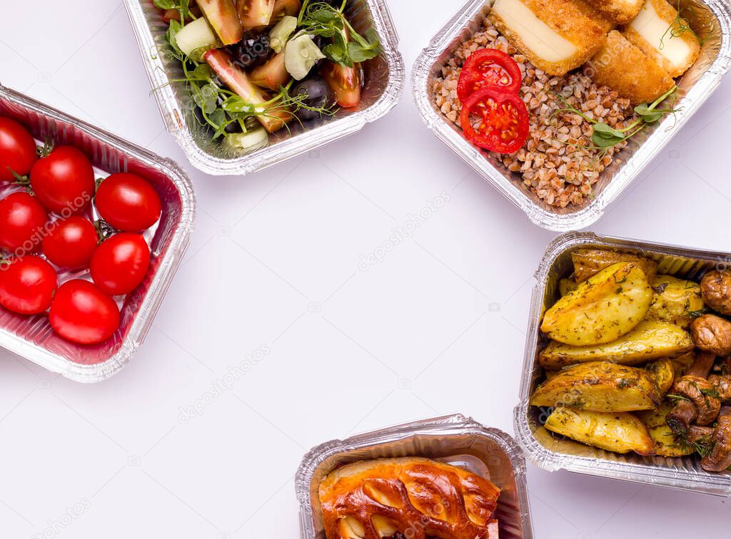 Food Delivery Concept. Food on a white background. Copy space