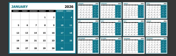 Yazdırılabilir 2026 Aylık takvim Pazartesi başlıyor