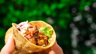 Meksika geleneksel ev yapımı domuz etli, acılı, acılı, domates salatası, avokado soslu ve soslu tako.