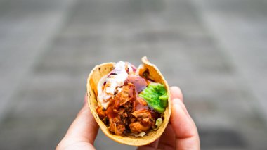 Meksika geleneksel ev yapımı domuz etli, acılı, acılı, domates salatası, avokado soslu ve soslu tako.