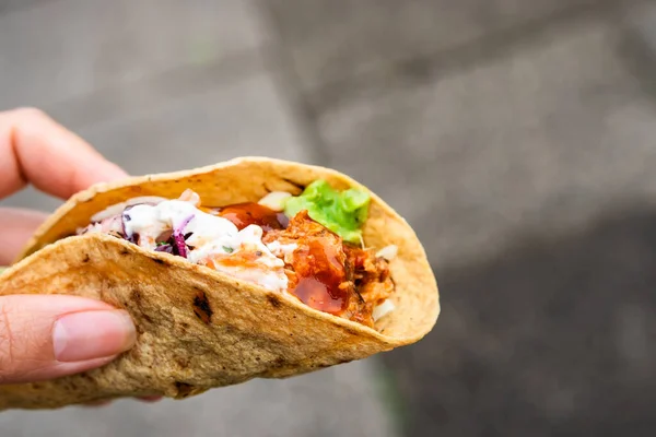 Meksika geleneksel ev yapımı domuz etli, acılı, acılı, domates salatası, avokado soslu ve soslu tako.