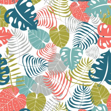 el çizilmiş tropikal yaprakların ve eğrelti otunun kesintisiz vektör deseni tekrarı