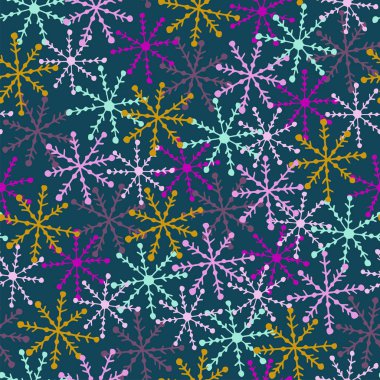 Elle çizilmiş, soyut, gökkuşağı kar tanelerinin kusursuz vektör deseni