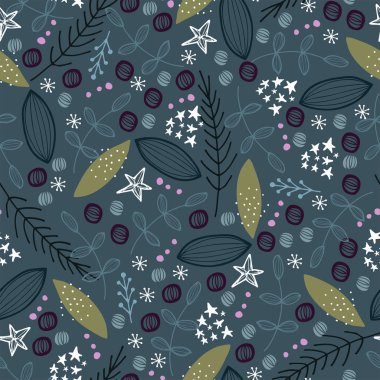 Elle çizilmiş kış yapraklarının ve mevsimsel motiflerin kusursuz vektör deseni