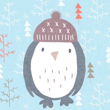 Sevimli, şenlikli bir penguen ve mevsimlik orman ağaçlarının el yapımı vektör çizimi