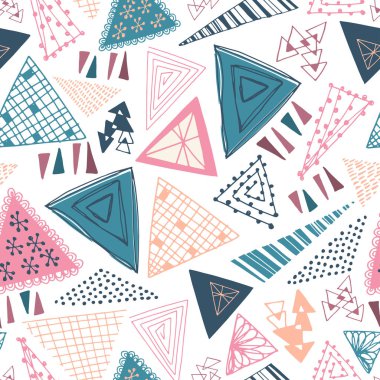 Elle çizilmiş, karalanmış, soyut üçgenlerin kusursuz vektör deseni