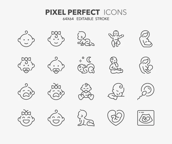 İnce çizgi Icons set ile bebekler, annelik ve emzirme. Anahat simgesi toplama. Düzenlenebilir vektör inme. 64 x 64 piksel mükemmel.