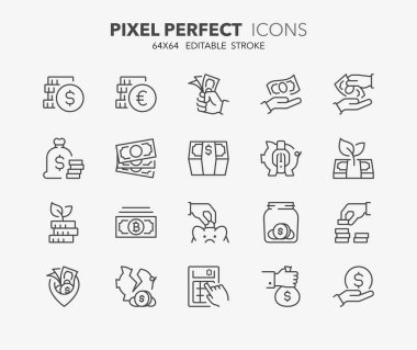 İnce çizgi Icons set ile para, sikke ve mali. Anahat simgesi toplama. Düzenlenebilir vektör inme. 64 x 64 piksel mükemmel.