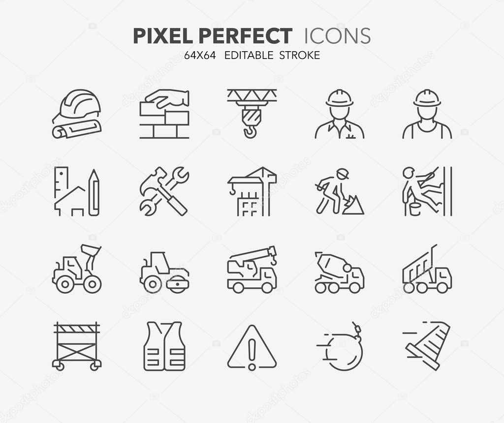 Thin line icons set of construction and architecture. Outline symbol collection. Editable vector stroke. 64x64 Pixel Perfect.