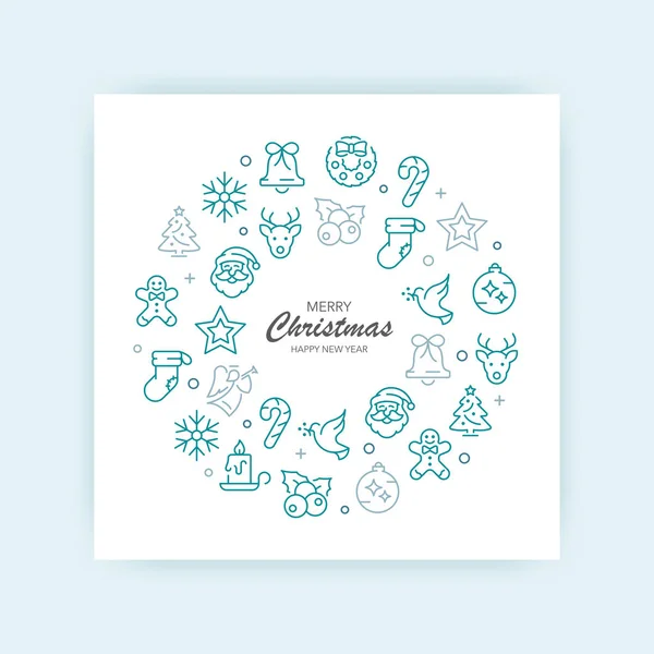 Merry Christmas Happy New Year Greeting Card Icons — Stock Vector