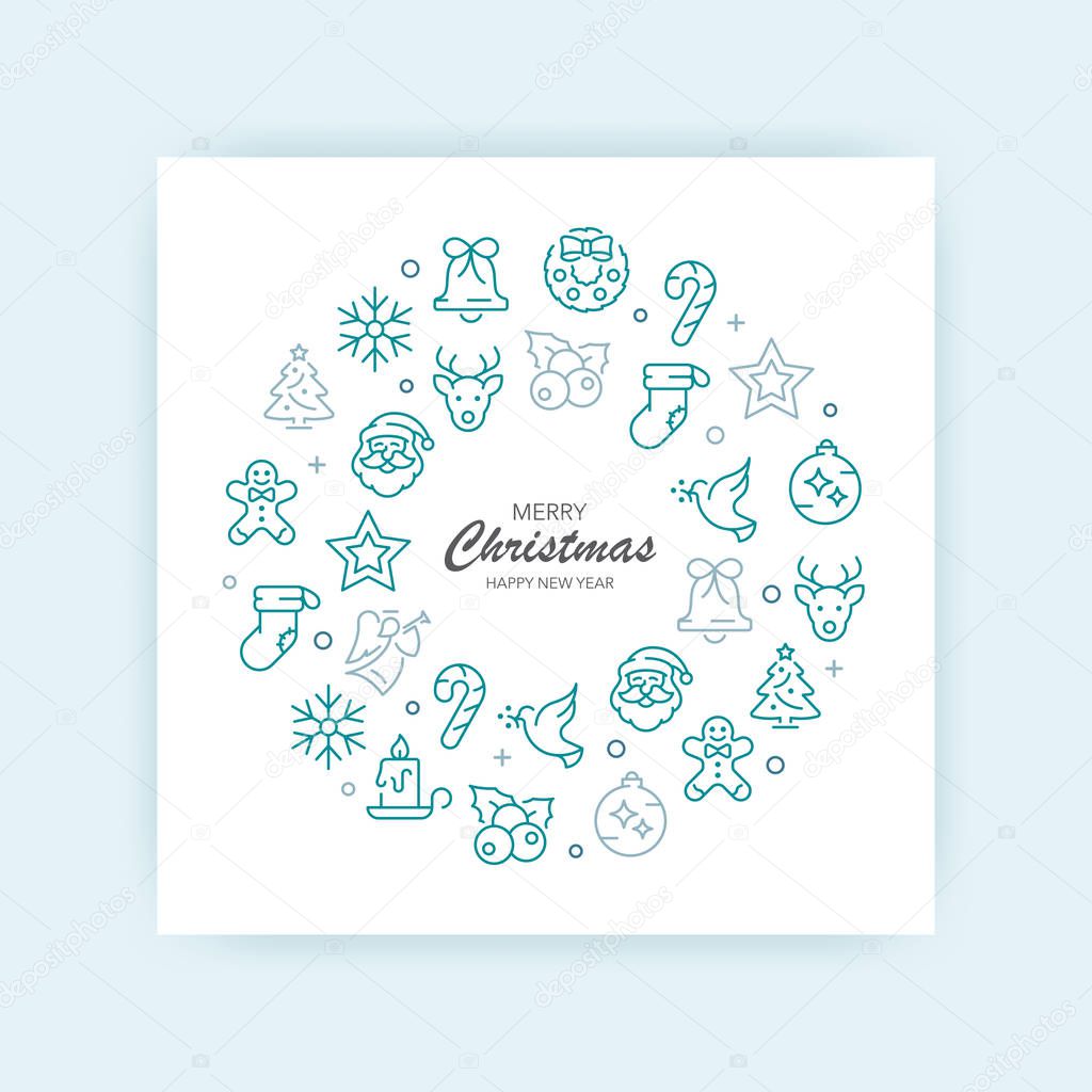 Merry christmas and happy new year greeting card with icons.