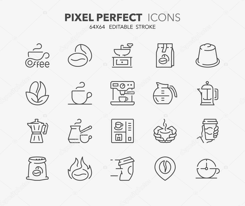Thin line icons set of coffee. Outline symbol collection. Editable vector stroke. 64x64 Pixel Perfect.