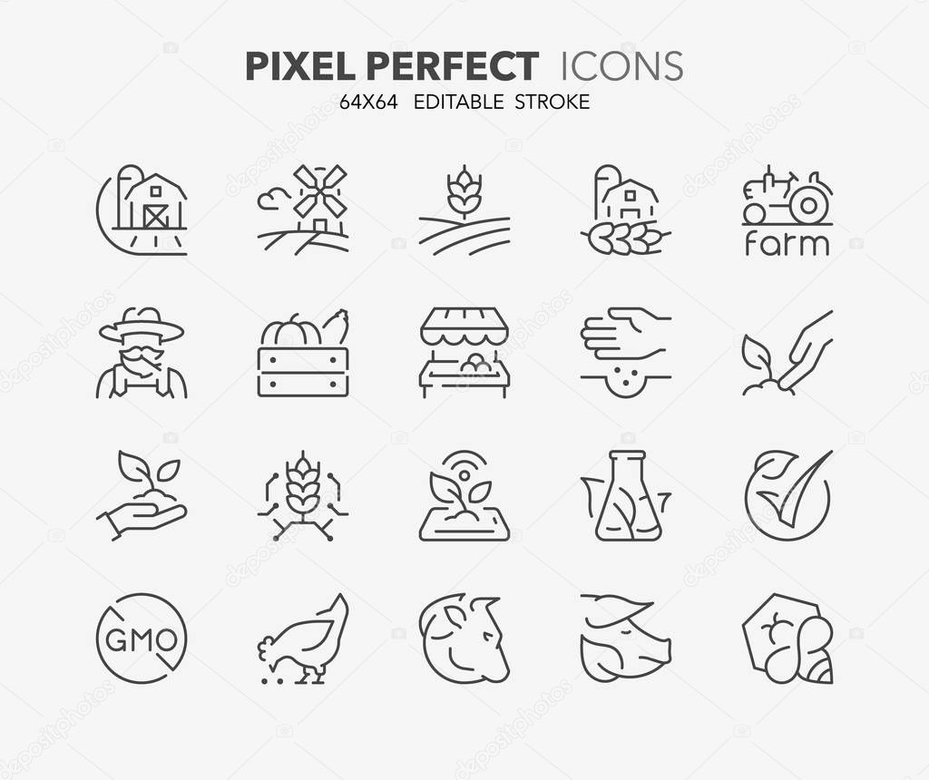 Set of thin line icons of organic food production and new agricultural technologies. Outline symbol collection. Editable vector stroke. 64x64 Pixel Perfect.