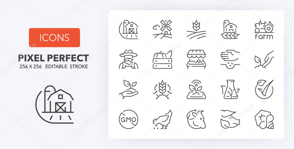 Set of thin line icons of organic food production and new agricultural technologies. Outline symbol collection. Editable vector stroke. 256x256 Pixel Perfect scalable to 128px, 64px...