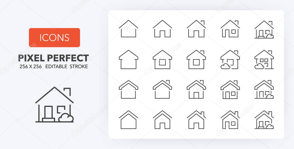 Set of thin line icons of homes and real estate. Outline symbol collection. Editable vector stroke. 256x256 Pixel Perfect scalable to 128px, 64px...