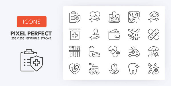 Медицинское страхование набор значков тонкой линии. Коллекция контурных символов. Редактируемый векторный удар. 256х256 пикселей, масштабируемый до 128px, пикселей
...