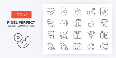 Fitness, gym and health care thin line icon set. Outline symbol collection. Editable vector stroke. 256x256 Pixel Perfect scalable to 128px, 64px... clipart