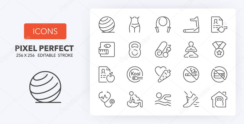 Fitness, gym and health care thin line icon set. Outline symbol collection. Editable vector stroke. 256x256 Pixel Perfect scalable to 128px, 64px...