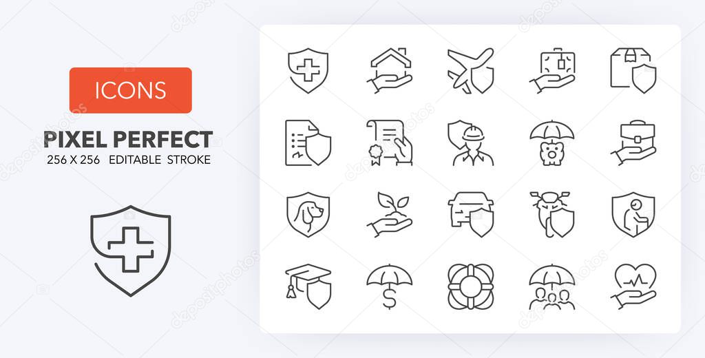 Insurance and protection concepts thin line icon set. Outline symbol collection. Editable vector stroke. 256x256 Pixel Perfect scalable to 128px, 64px...