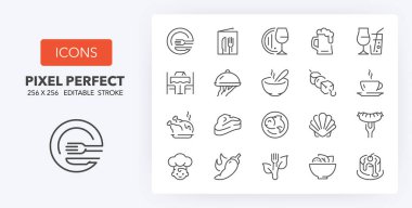 Restaurant and menu options thin line icon set. Outline symbol collection. Editable vector stroke. 256x256 Pixel Perfect scalable to 128px, 64px... clipart