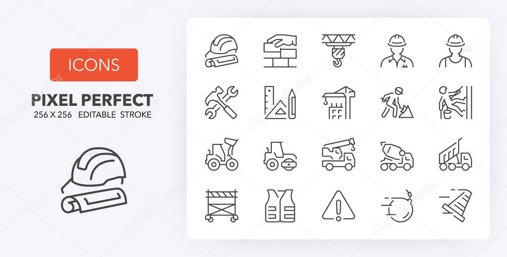 Construction and architecturethin line icon set. Outline symbol collection. Editable vector stroke. 256x256 Pixel Perfect scalable to 128px, 64px...