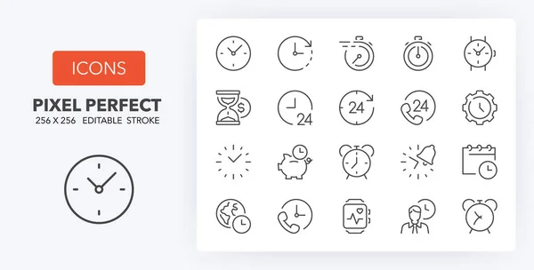 Tijdconcepten Klokken Dunne Lijn Pictogram Set Outline Symbool Collectie Bewerkbare — Stockvector