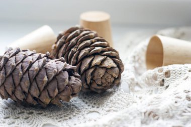 Beyaz arka plan üzerinde çam kozu ve ahşap çekim fotoğrafı