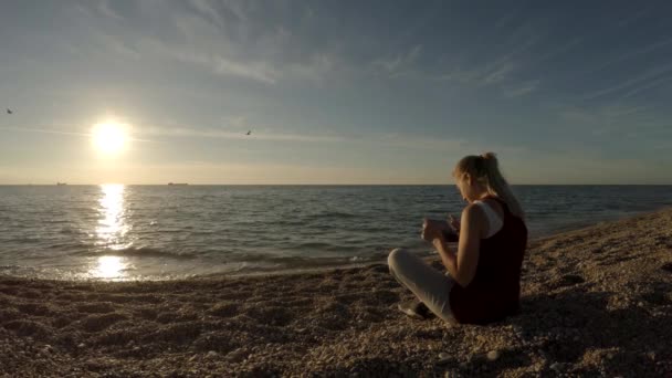 A lány a strandon helyezkedik el, egy tabletta. — Stock videók