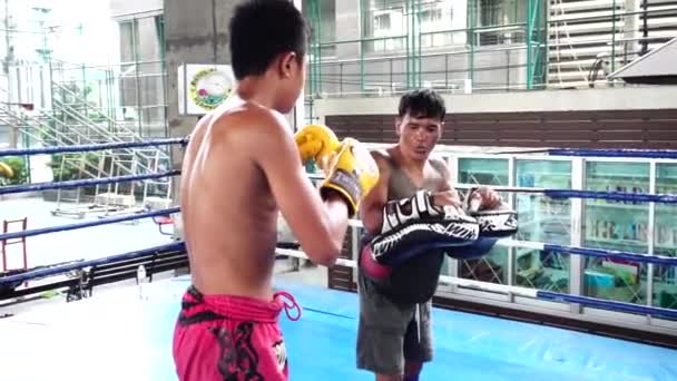 バンコク 2019年8月1日 タイのボクサーは タイのバンコクでのボクシングキャンプで実際の戦いの前にトレーナーと練習しています — ストック動画