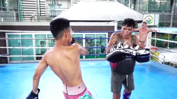 Bangkok Tailandia Agosto 2019 Los Boxeadores Tailandeses Practican Con Entrenador — Vídeo de stock