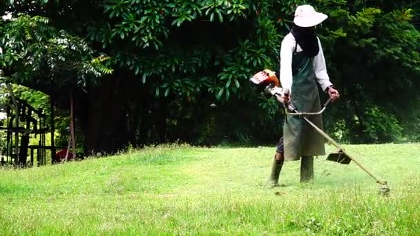 1080Pスーパースロー男性労働者は 後ろの秋の芝刈り機で作業し 外の庭で動作します — ストック動画