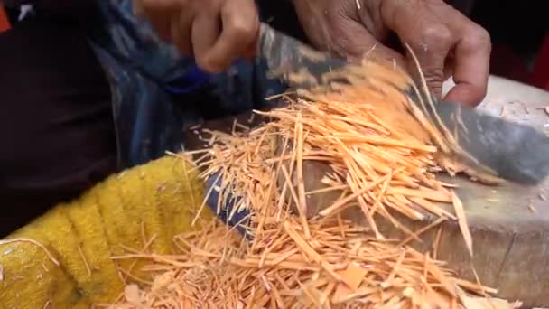 Super Slow Medium Close Shot Woman Cutting Sweet Potato Thin — Stock Video