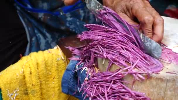 Super Slow Medium Close Shot Woman Cutting Sweet Potato Thin — Stock Video