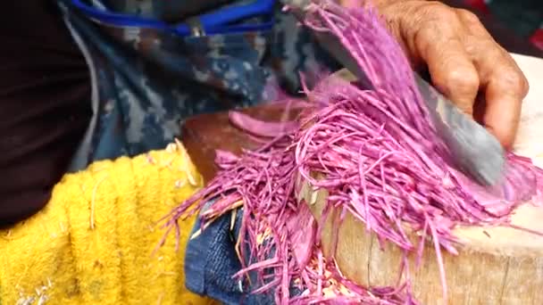 Medium Close Shot Woman Cutting Sweet Potato Thin Slices Sticks — Stock Video