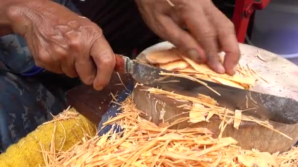 Medium Close Shot Woman Cutting Sweet Potato Thin Slices Sticks — стоковое видео