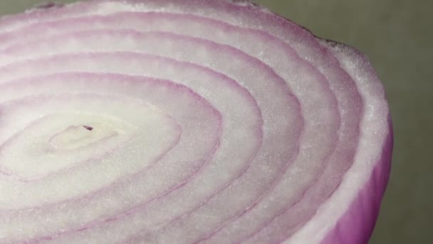 4Kで回転するスライスした赤玉ねぎリング 豊かなビタミンの野菜と健康的な食品の背景のクローズアップ — ストック動画