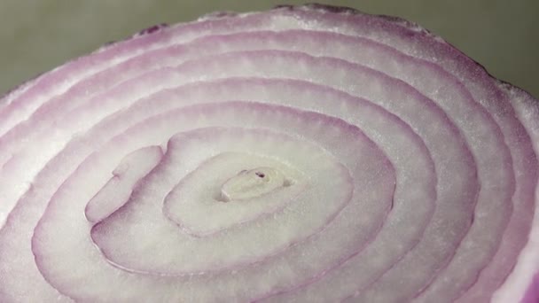 4Kで回転するスライスした赤玉ねぎリング 豊かなビタミンの野菜と健康的な食品の背景のクローズアップ — ストック動画