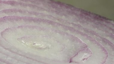 Dilimlenmiş kırmızı soğan halkaları 4K 'da dönüyor. Zengin vitaminli sebzeli sağlıklı gıda arka planının yakın görüntüsü