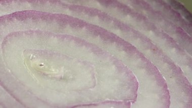 Dilimlenmiş kırmızı soğan halkaları 4K 'da dönüyor. Zengin vitaminli sebzeli sağlıklı gıda arka planının yakın görüntüsü