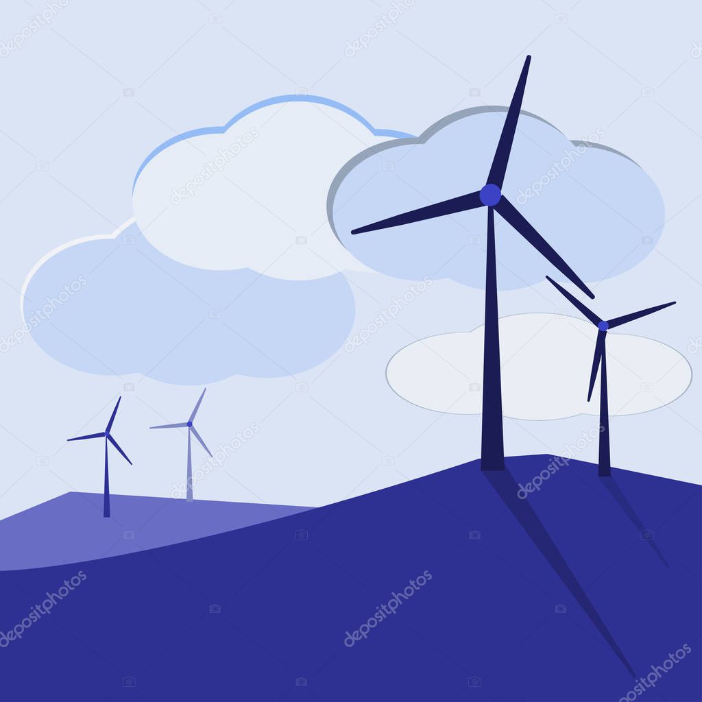 Vector flat illustration. Alternative sources of energy. Green energy. Windmills.