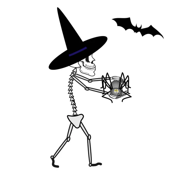 Det mänskliga skelettet med en spindel och ett slagträ går på Halloween. vektor svart och vit illustration isolerad på vit bakgrund. — Stock vektor