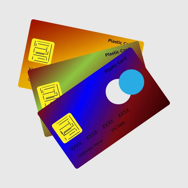 Cartões de crédito conjunto com ouro colorido, vermelho, preto, fundo de design triangular azul. Ilustração vetorial EPS10 — Vetor de Stock