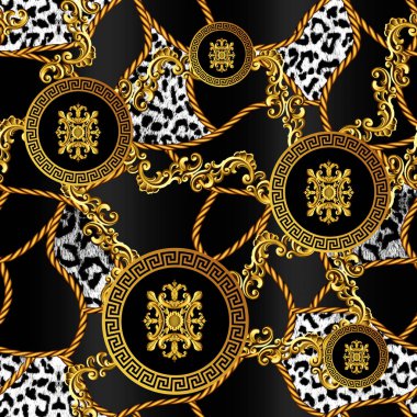 Golden baroque square design in black background versace style pattern clipart