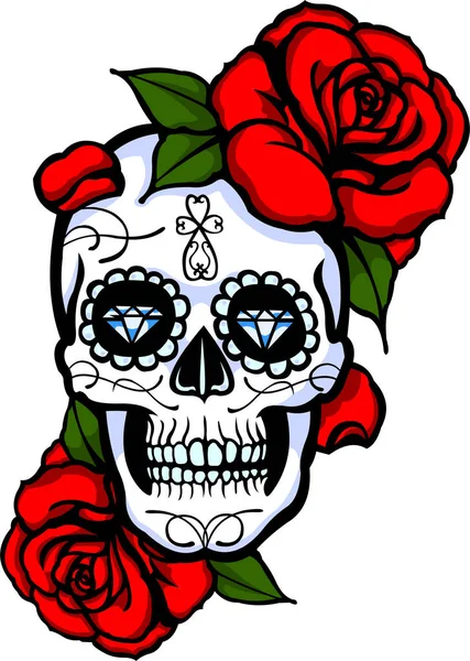 Dia Los Muertos Sugar Skull White Flowers — стоковый вектор