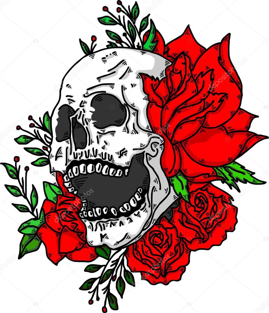 Skull whith roses tatoo art