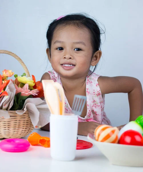 Asian Girl Playing Toy Cooking — Stock Photo, Image