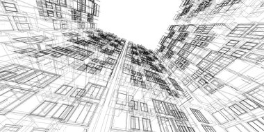 3d illüstrasyon mimarisi bina perspektif çizgileri.