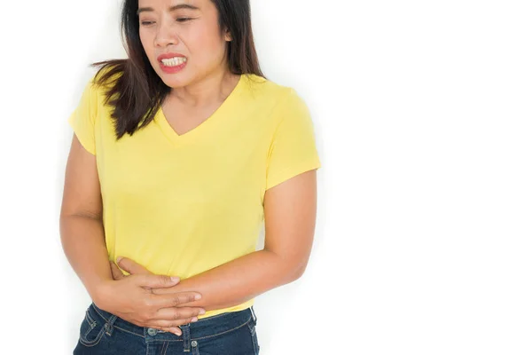 Woman stomach ache health care concept on white background isola — Stock Photo, Image